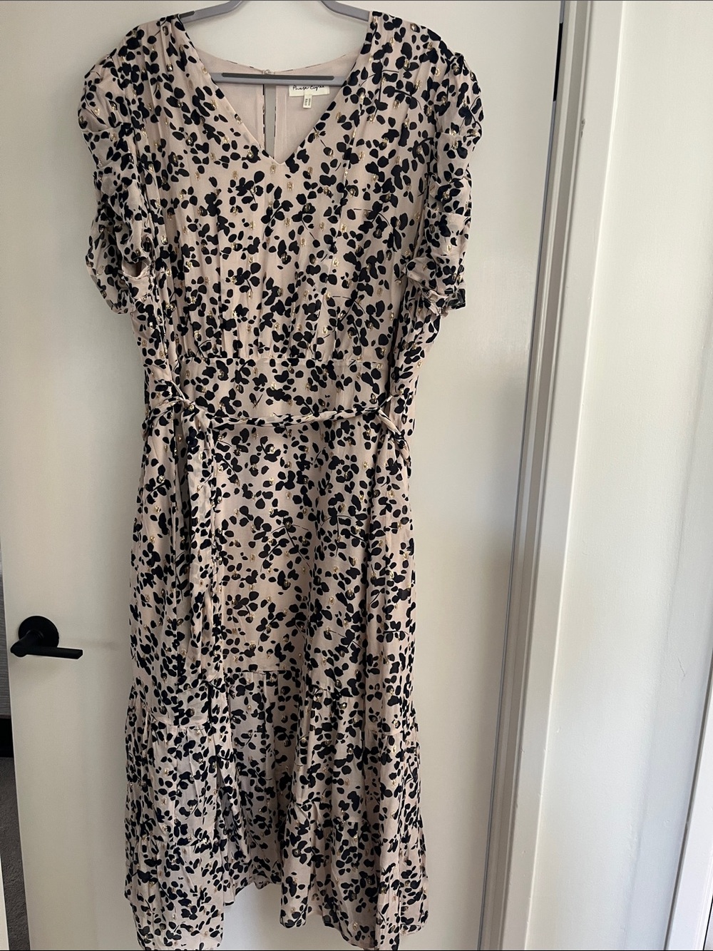 Neutral Floral Wrap Midi Dress with Tie Waist